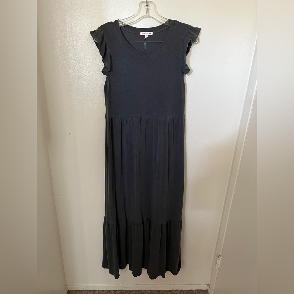 SUNDRY women’s Tiered Ruffle Sleeve maxi Dress charcoal size 2 M cotton